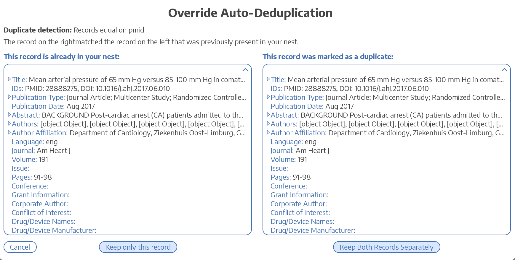 Override automatic reference de-duplication